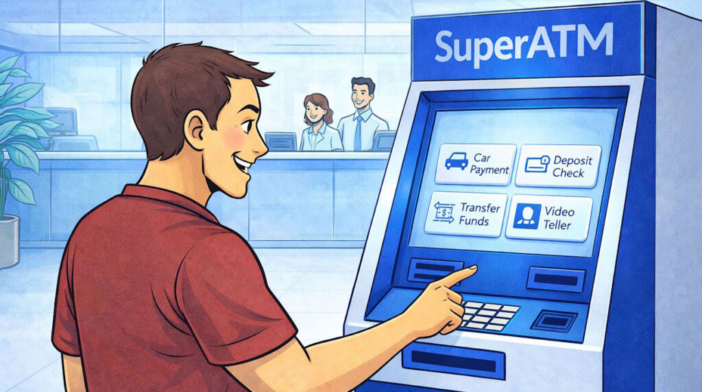 Bank customer using a SuperATM kiosk with touchscreen options for car payment, check deposit, fund transfer, and video teller, with bank staff visible in the background