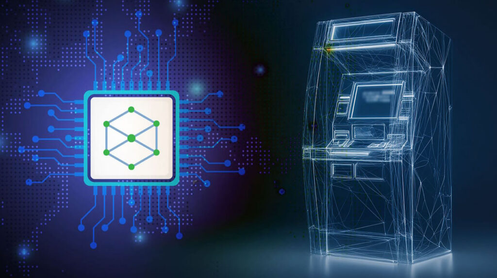 Wireframe ATM next to a digital circuit board chip, representing modern banking technology