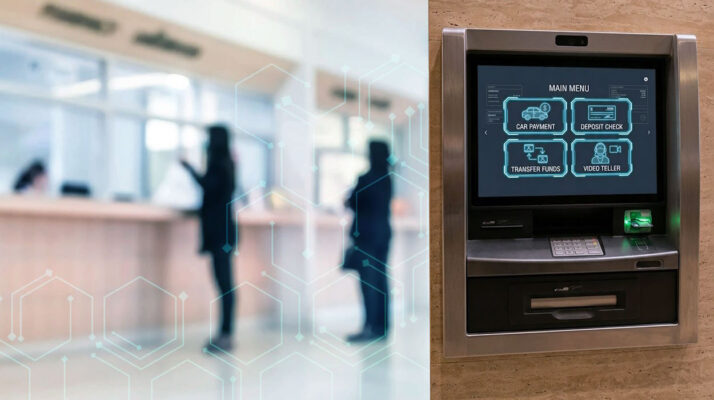 Wall-mounted ITM with touchscreen main menu showing car payment, check deposit, fund transfer, and video teller options, alongside a blurred bank branch interior with customers at the counter
