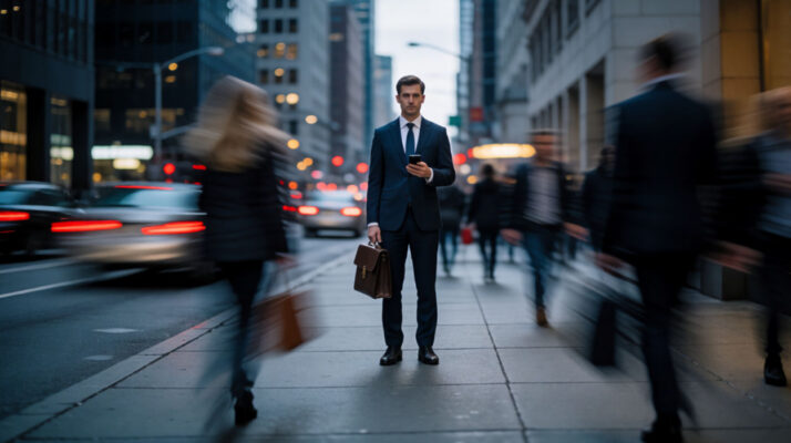 Businessman in a navy suit standing still on a busy city sidewalk at dusk while pedestrians and traffic blur past him.